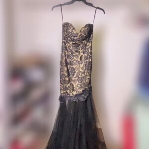 Alyce Paris Claudine, Black Nude Lace Mermaid Strapless Designer Dress SZ 0